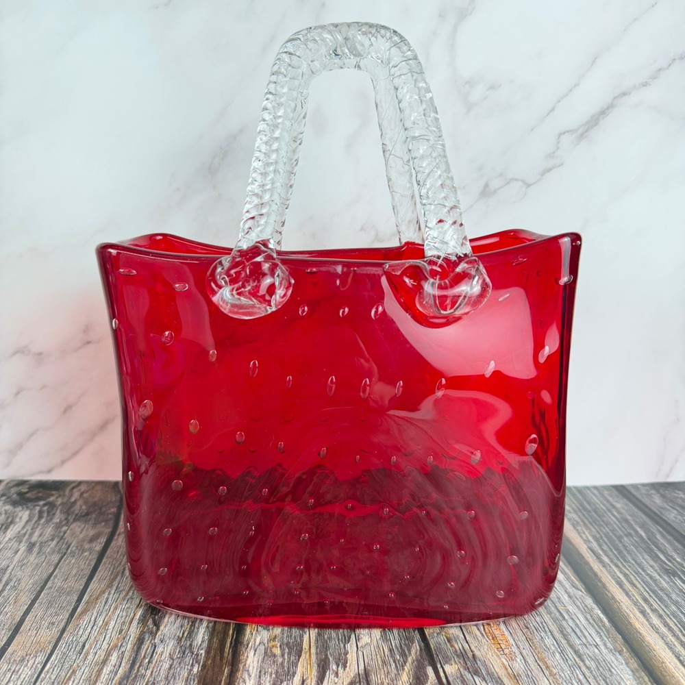 Art Glass Purse Vase Bullicante Controlled Bubble Red Hand Blown Handbag Shape